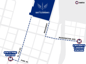 Map showing walking routes to Th Dome from both Laclede's Landing and 8th & Pine MetroLink Stations.